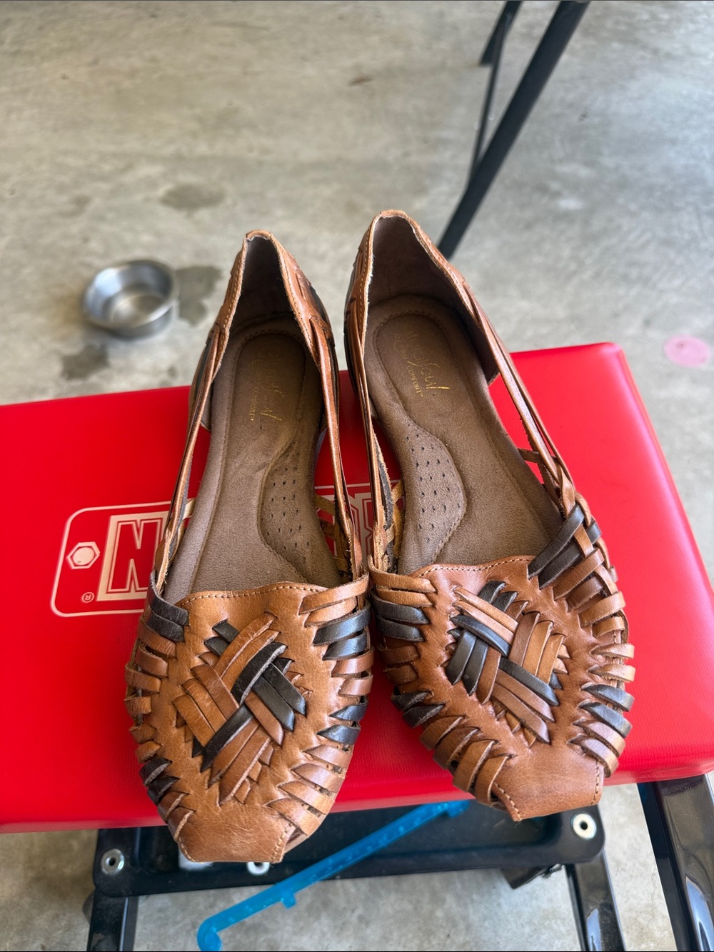 Women's Tan Woven Leather Flats - Comfortable Slip-On Loafers 7M